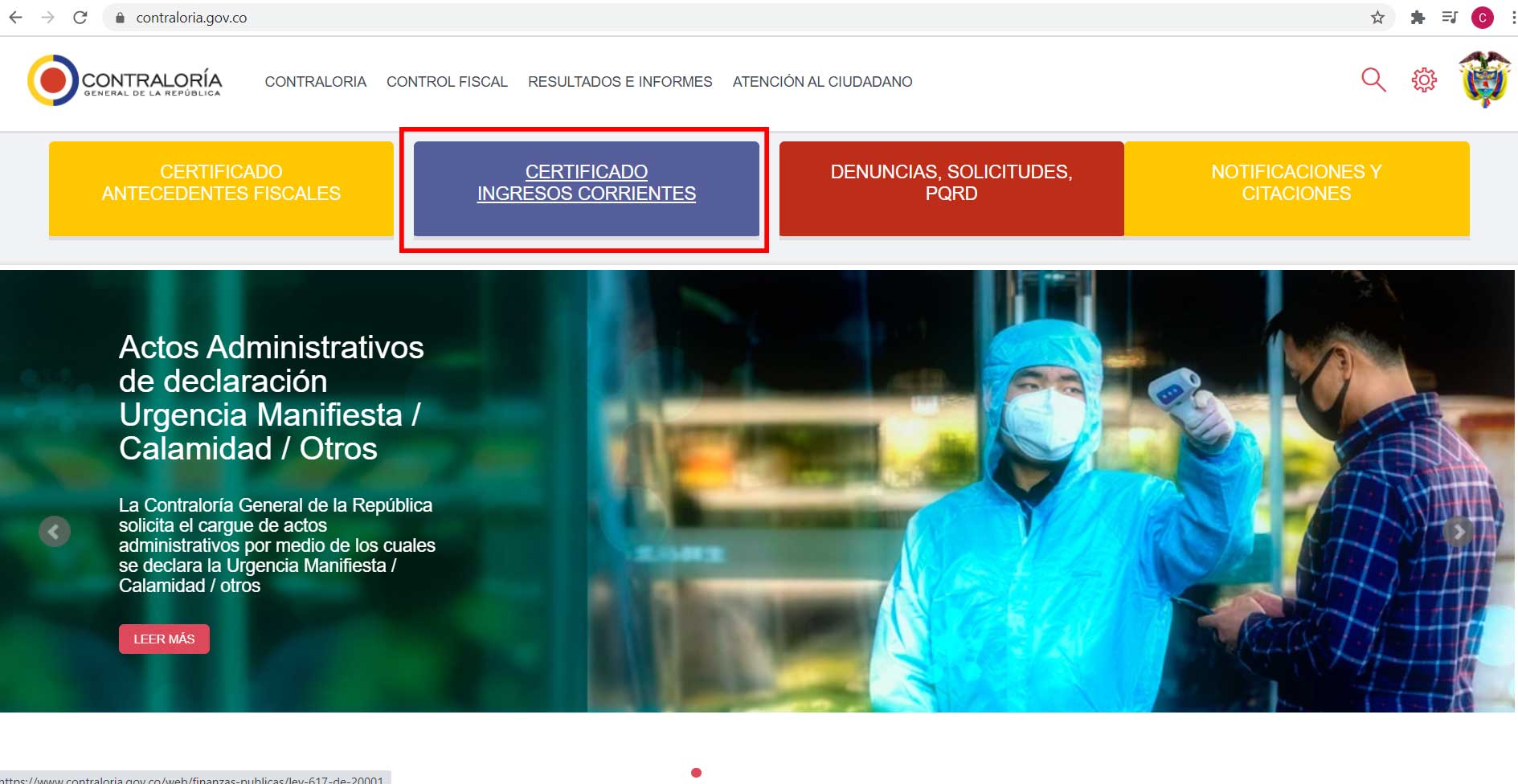 Seleccion Opcion Certificado Ingresos Corrientes
