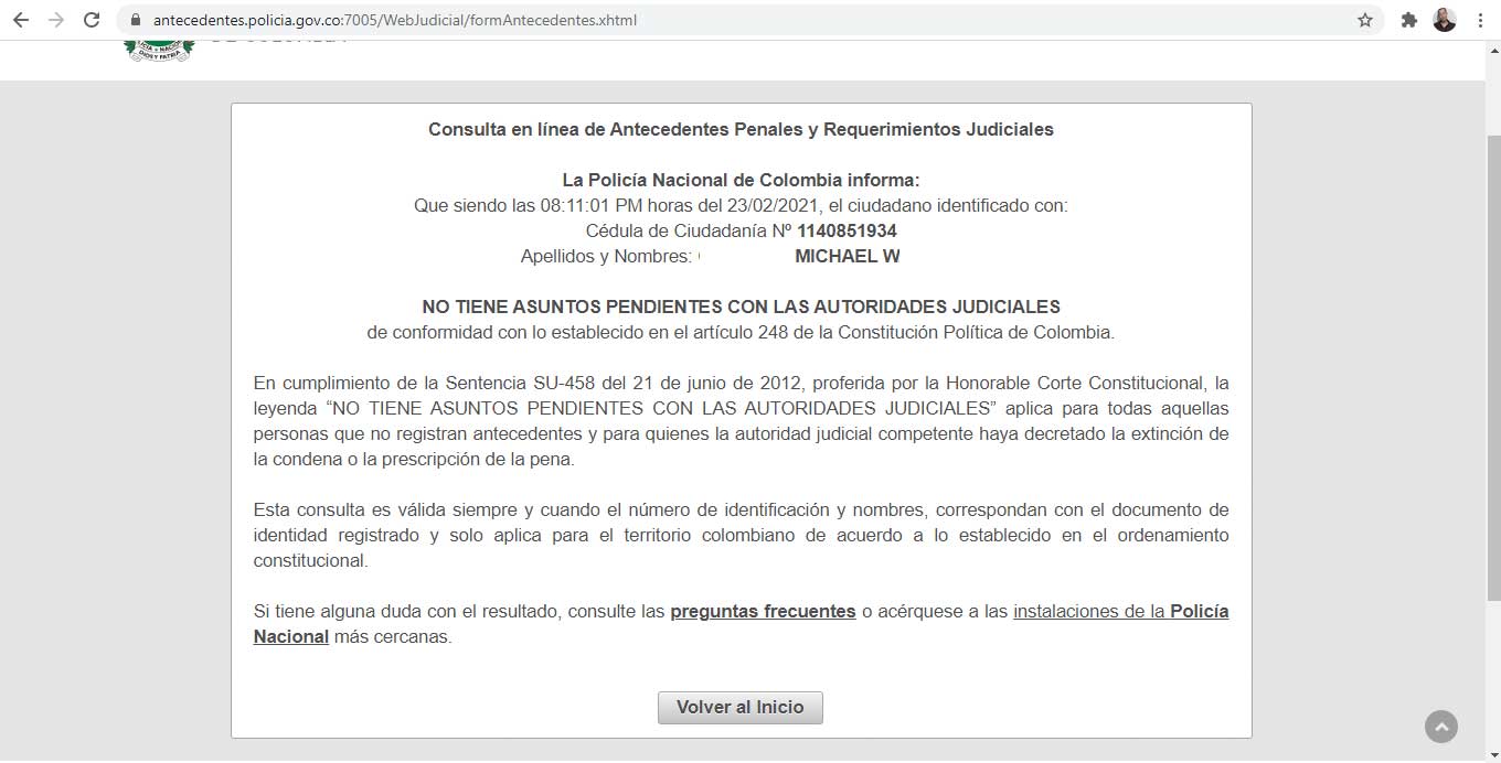 Certificado sin antecedentes